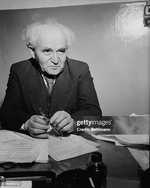 Tel Aviv: David Ben Gurion, Chairman of the Jewish Agency, relaxes for a moment from the work at hand in his office in all-Jewish Tel Aviv. He will...
