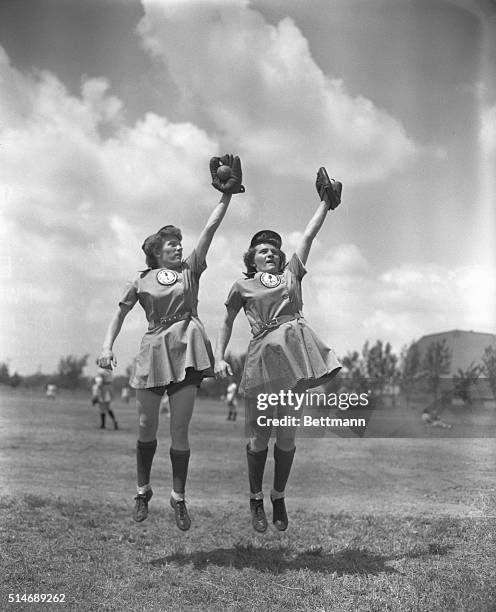 Opa Locka, FL: Twins Eilaine and Ilaine Roth of Michigan City, IM, play shortstop and second base, respectively, for the Muskegon, MI, Lassies....