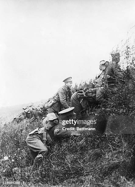 France: First photograph of the British in action at the Battle of the Marne, north of Laferte, showing them taking up a position behind a natural...