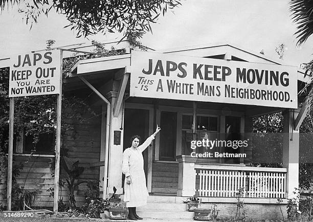 In 1923, the Hollywood Association started a campaign to expel the Japanese from their community. Hollywood resident, Mrs. B. G. Miller, points to an...