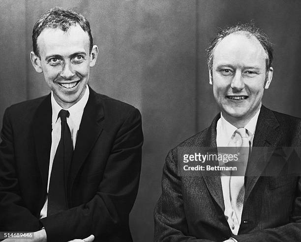 James Watson and Francis Crick, crackers of the DNA code. Photo taken on occasion of the Massachusetts General Hospital lectures. SEE NOTE