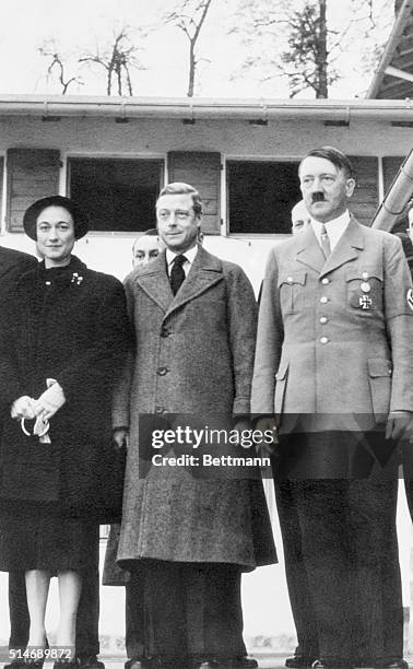 Realm leader Adolf Hitler with the Duke and Duchess of Windsor on the recent occasion when they visited the Bavarian alpine retreat of the German...