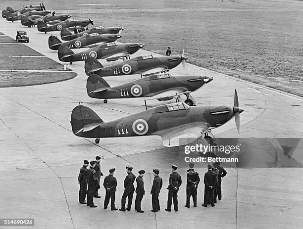 The first production Hawker Hurricane MkI monoplane fighters with the two-blade fixed pitch wooden propeller are lined up following delivery to...