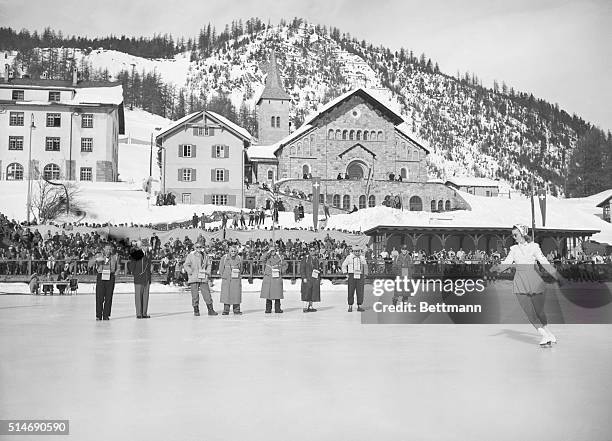 St. Moritz, Switzerland: Canada's ballerina on ice captures Olympic title. Beauteous, young, Barbara Ann Scott, of Canada, pictured gliding on the...