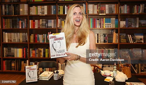 Ann Coulter signs copies of her book "Adios America" at Books and Books on March 10, 2016 in Coral Gables, Florida.