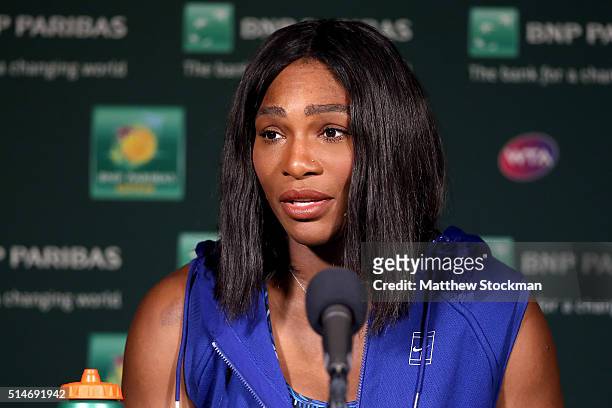 Serena Williams fields questions from the media during the BNP Paribas Open at the Indian Wells Tennis Garden on March 10, 2016 in Indian Wells,...