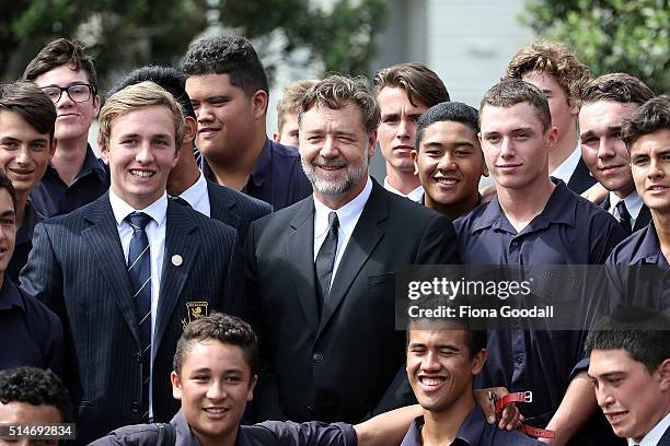 Russell Crowe poses with the Auckland Grammar kapa haka group after he funeral service for Martin Crowe on March 11, 2016 in Auckland, New Zealand....