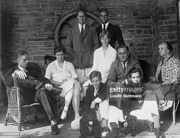 President Roosevelt with his family. From left to right: Elliott Roosevelt, Eleanor Roosevelt, Curtis Dall , John Roosevelt , Anna Roosevelt, James...