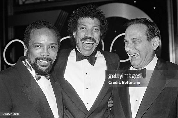 Portrait of Lionel Richie and Grammy Award winning producer Quincy Jones sharing a laugh with the American Society of Composers, Authors, and...
