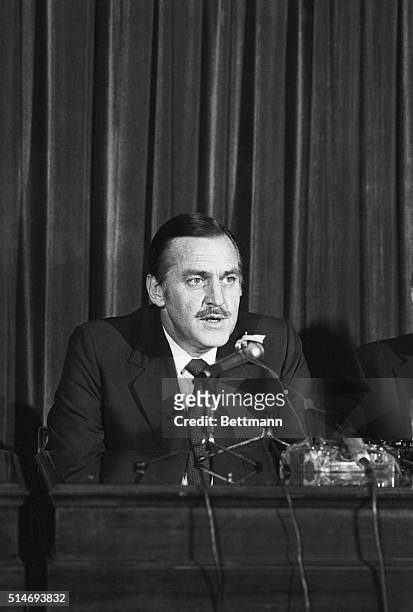 South African Foreign Minister Pik Botha speaks at a 1983 press conference in London after talks with the British Foreign Secretary.