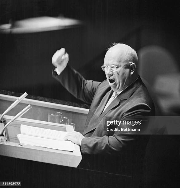 Soviet Premier Nikita Khrushchev pounds his fist against the podium while addressing the United Nations General Assembly in Manhattan, New York City,...