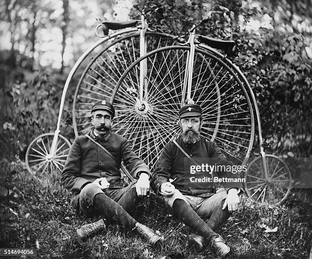 American wheelmen reposing in the woods. Photograph, ca. 1890.