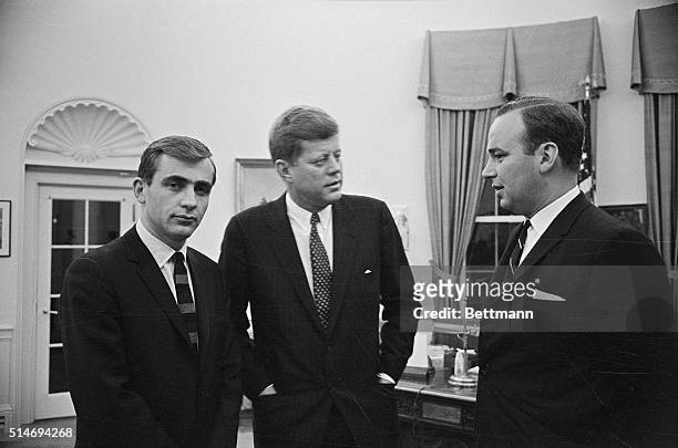 President John F. Kennedy meets with Zell Rabin and Rupert Murdoch, the Australian-born publishing tycoon.