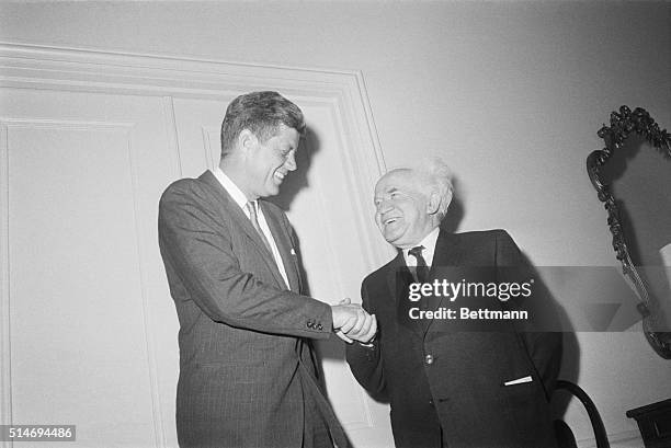 President John F. Kennedy meets with Israeli Premier David Ben Gurion at the Waldorf-Astoria on May 30, 1961.