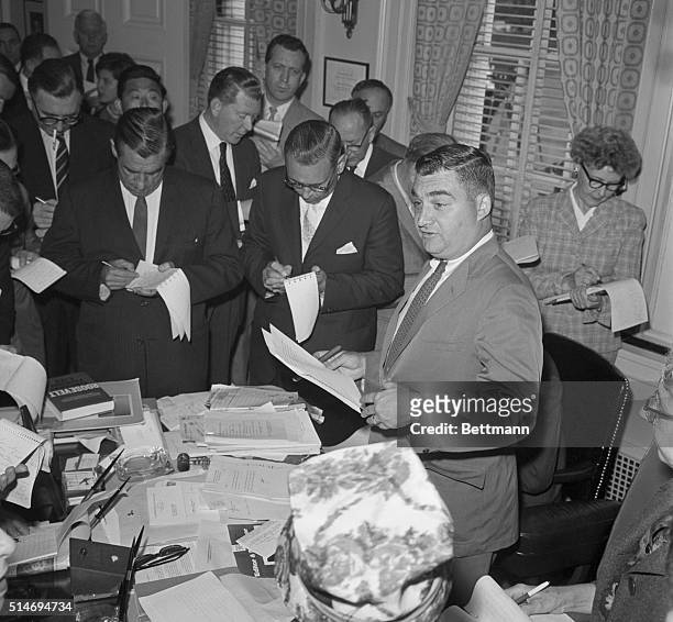 White House Press Secretary Pierre Salinger briefs the press on President Kennedy's upcoming trip to Vienna, to meet with Soviet Premier Nikita...