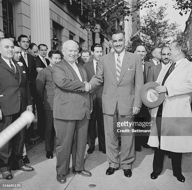 New York, NY: L to r: Khrushchev, of Russia, Nasser, of Egypt and Tito, of Yugoslavia meet at Russian Consulate in New York City.