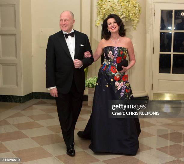 Ambassador to Canada Bruce Heyman and Vicki Heyman arrive at a State Dinner in honor of Canadian Prime Minister Justin Trudeau at the White House in...