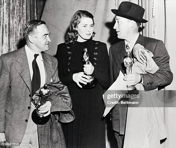 Barry Fitzgerald , Ingrid Bergman and Bing Crosby hold Oscars awarded them for outstanding performances in 1944. Fitzgerald was named best supporting...