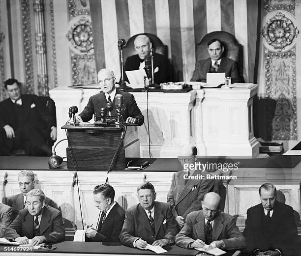 President Harry Truman addresses a joint session of Congress, asking for $400 million and American military advisors for Greece and Turkey to make...