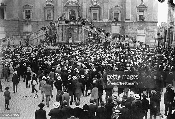 Rome, Italy: This picture shows Gabriel D'Annunzio the famous Italian poet and publicist addressing great pro-war crowd from the steps of the senate...