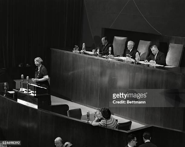 Eleanor Roosevelt addresses delegates to the United Nations General Assembly, which opened its critical 1947 session at Flushing Meadows, New York....