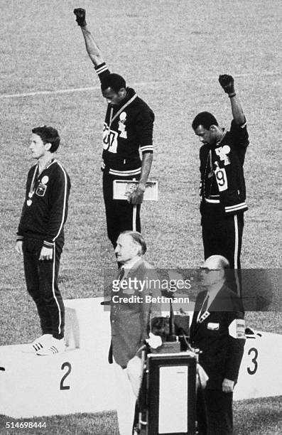 During the award presentation for the Men’s 200-meter event final at the 1968 Summer Olympics, American athletes, gold medalist Tommie Smith and...
