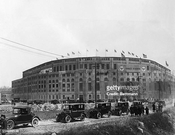 New york, NY: Yankee Stadium Opening Day-A view of the Stadium as cars are parked outside the stadium.
