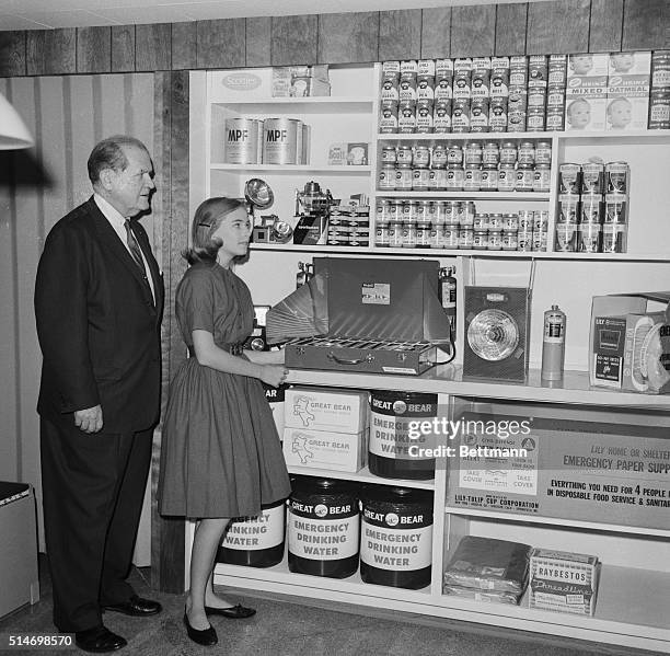 New York, NY: Model for fallout shelter, displayed in Grand Central Station, designed to accommodate family of 5 to 6 for prolonged period during...