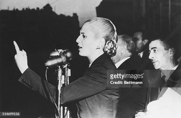 Argentine First Lady Eva Peron gives an election speech at a mass labor meeting.