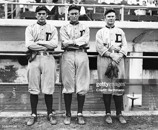 The Detroit Tigers- left to right- Bob Veach, Ty Cobb, and Sam Crawford.