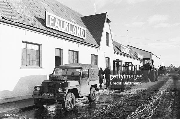 Military and construction equipment in Port Stanley, left behind by the retreating Argentine forces in the Falkland Islands War. British soldiers...