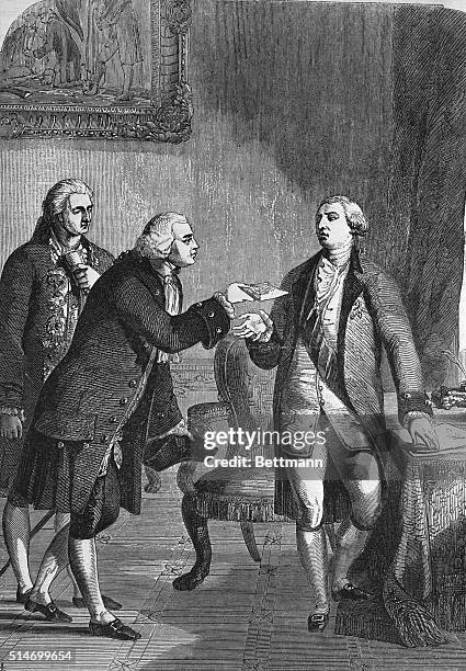 John Adams, the first ambassador to the English Court, makes a presentation to King George III of England.