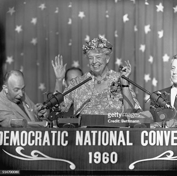 During the 1960 Democratic National Convention, Eleanor Roosevelt smiles and acknowledges cheers as she addresses the delegation.