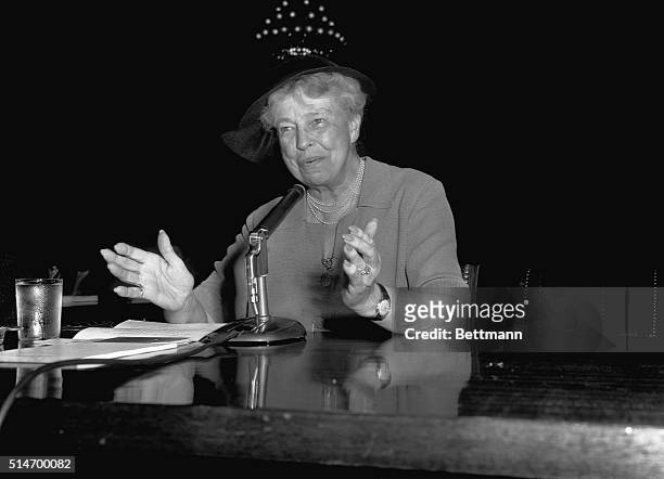 Eleanor Roosevelt, a longtime United Nations supporter, is shown speaking before the Senate Foreign Relations subcommittee on the United Nations...