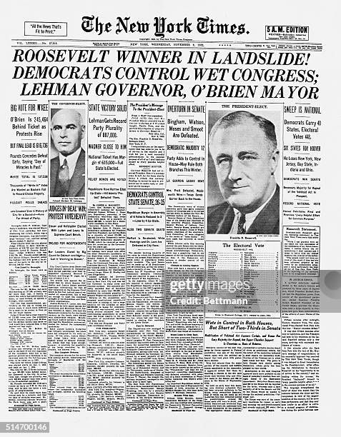 The New York Times front page announces the presidential election results in a headline that reads "ROOSEVELT WINNER IN A LANDSLIDE!" The headline...