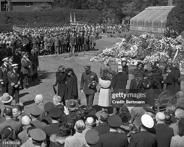 The late President Franklin Delano Roosevelt is laid to rest in the rose garden of his Hyde Park estate. Mourners and military officers gather to pay...