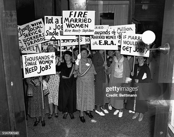 Unemployed, single women protesting the job placement of married women before themselves at the Emergency Relief Administration headquarters in...