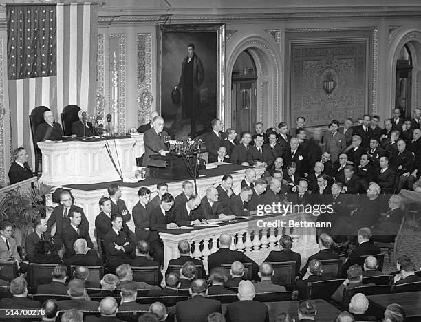 President Roosevelt delivers his state of the union address to both houses of Congress. In the address he asked for billions of dollars worth of...