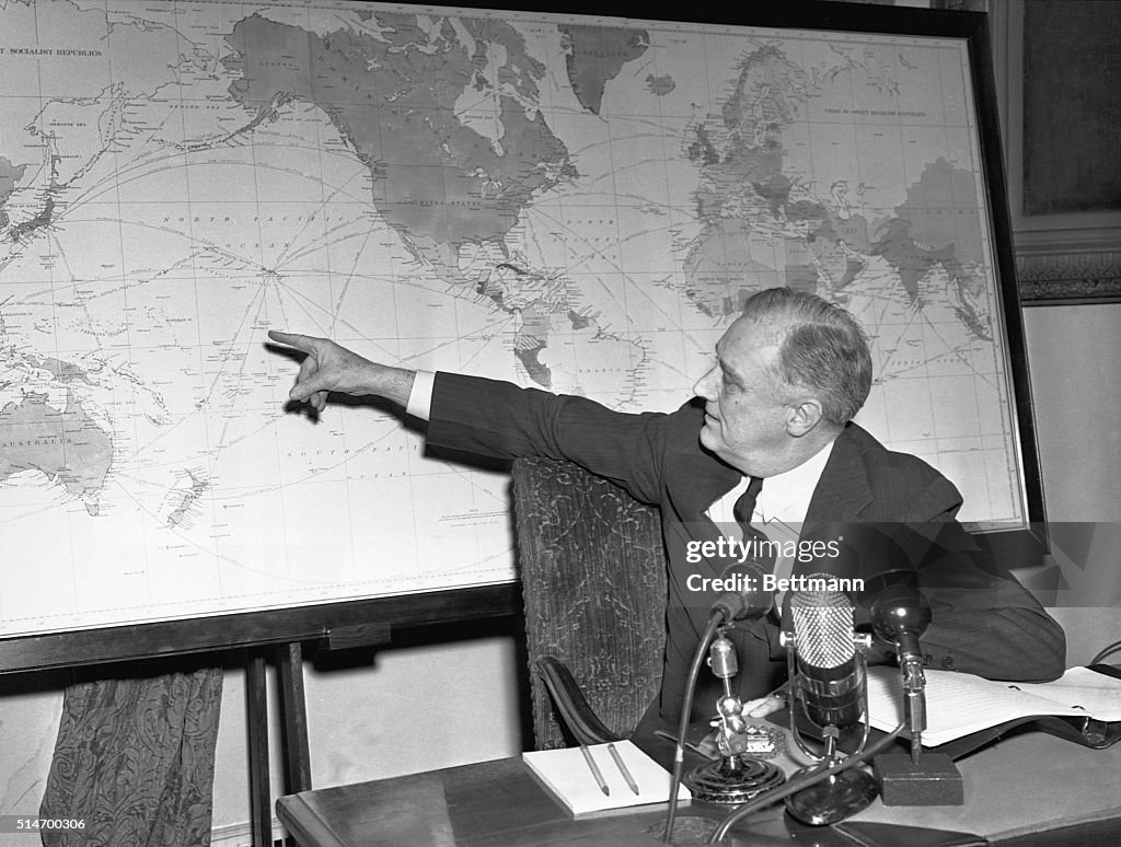 President Franklin D. Roosevelt Pointing at World Map