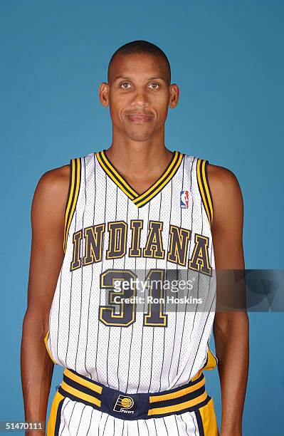 Reggie Miller of the Indiana Pacers poses for a portrait during NBA Media Day on October 4, 2004 in Indianapolis, Indiana. NOTE TO USER: User...