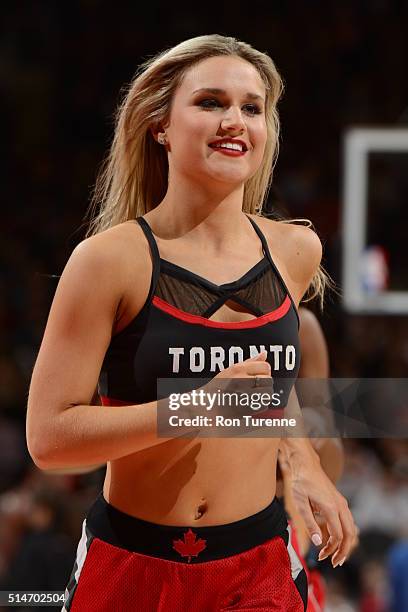 Toronto Raptors dancer is seen during the game against the Atlanta Hawks on March 10, 2016 at the Air Canada Centre in Toronto, Ontario, Canada. NOTE...