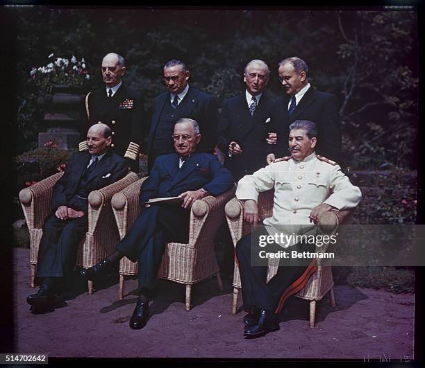 The "Big Three" posing for photographers just before the final conference meeting at Potsdam. Left to right, seated: Prime Minister Clement Attlee of...