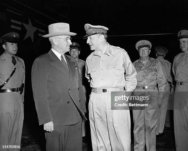 President Harry S Truman and US military commander General Douglas MacArthur for the first time on Wake Island, October 15, 1950. The President asked...