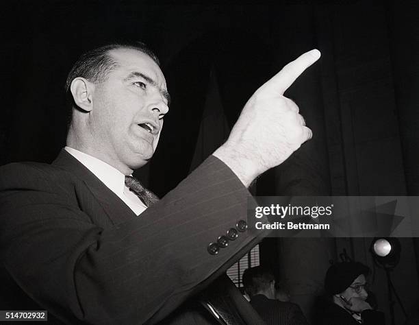 On March 9 Wisconsin Senator Joseph McCarthy shakes a finger during his second appearance before the Senate Foreign Relations Subcommittee which is...