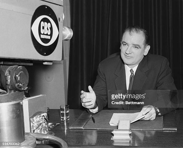 New York, NY: Senator Joseph McCarthy rehearses his speech before the television cameras prior to going on the air November 24th to reply to former...