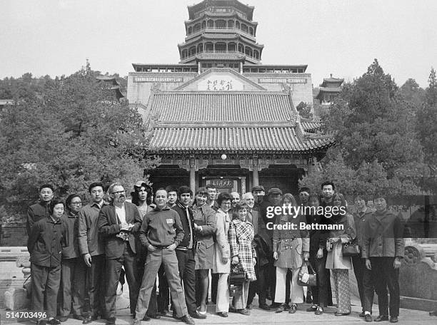 The United States Table Tennis Team poses for a portrait with their guides in front of a pagoda at the Summer Palace near Beijing, China in 1971.