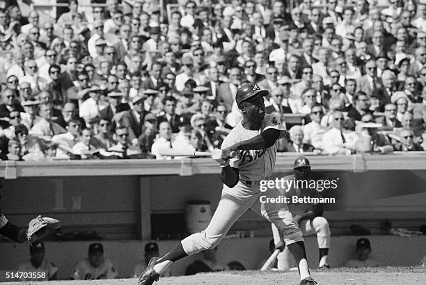 Shea Stadium:Hank Aaron, Braves, hits a double during playoff game against Mets. 10/6/1969