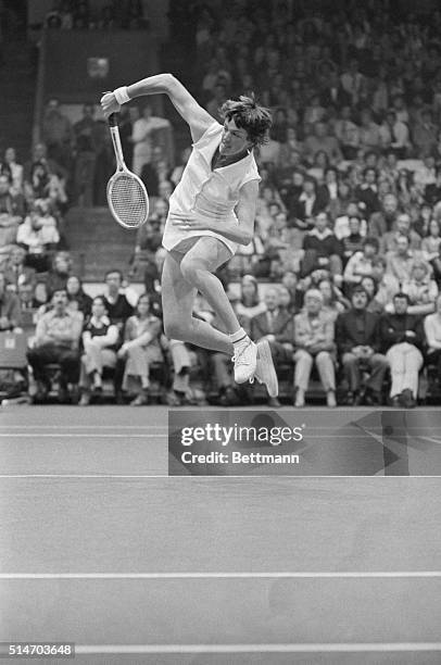 Boston:Australian Margaret Court in airborne action during her match with Martina Navratilova of Czechoslovakia in the $75,000 Virginia Slims of...