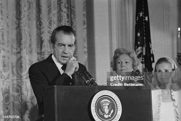 President Richard Nixon says an emotional farewell to his staff and cabinet in the East Room of the White House after resigning from office. His...