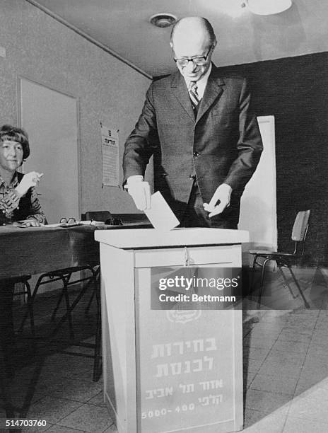 Likud leader Menahem Begin puts his ballot in the ballot box here 12/31. Israelis go to the polls today, the eight general election since the State...